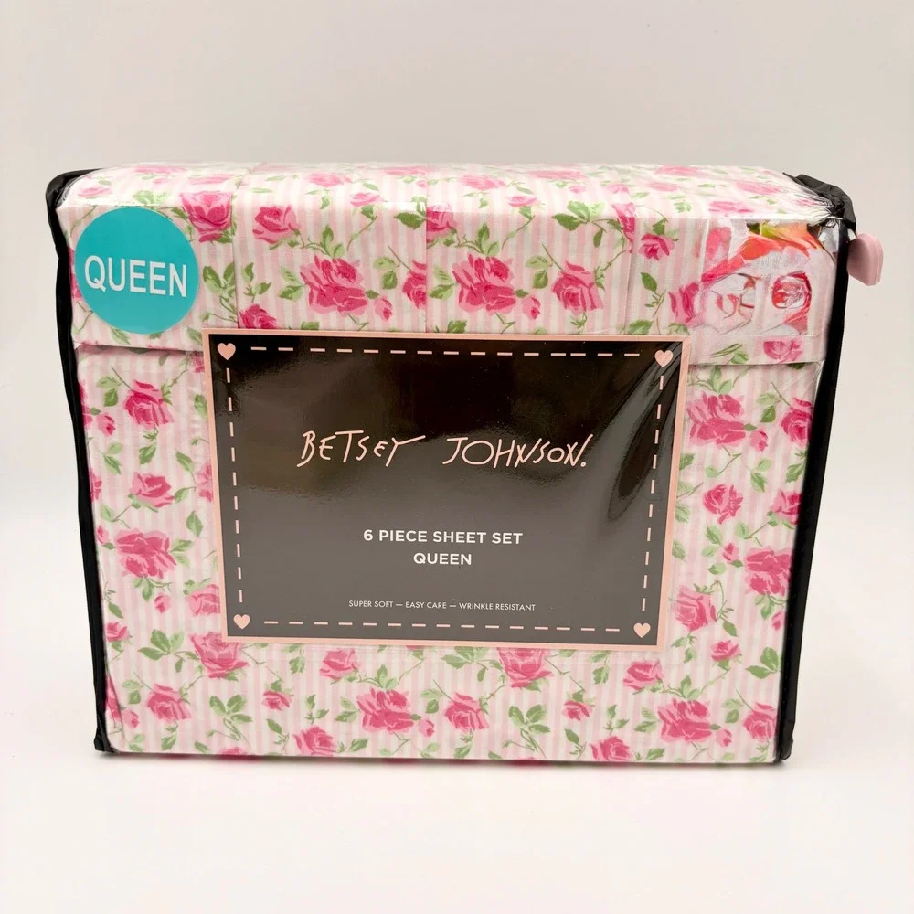 Betsey Johnson Queen‎ Sheet Set 6 Piece Flower Fun Pink Rose Striped Microfiber